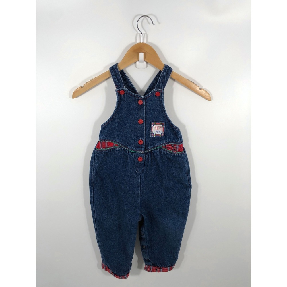 VTG OshKoshBGosh Kids Denim Bubble Overalls 3T Blue Plaid 90s Retro Kidcore USA